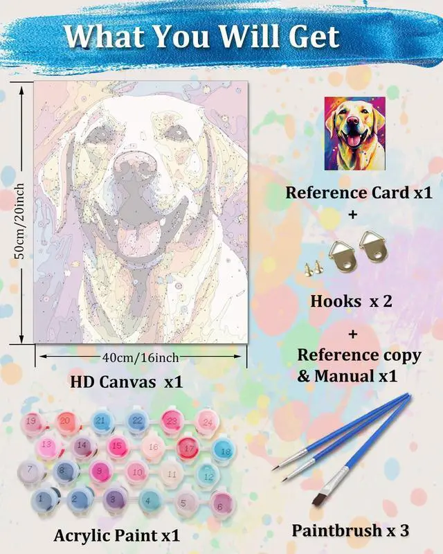 Alt view image 2 of 7 - Dog Paint by Numbers Kit for Adults Beginner,Labrador Retriever Paint by Number Canvas Kit, Acrylic Adults' Paint-by-Number Kits for Dogs Lovers 16x20inch (Without Framed)