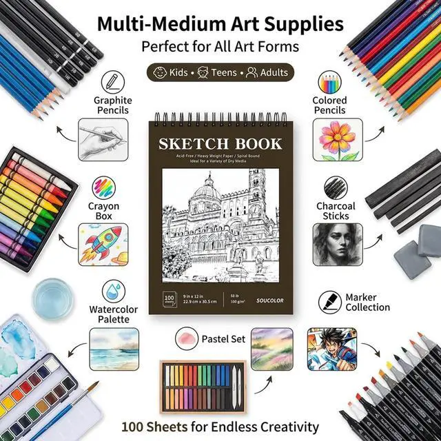 Alt view image 2 of 7 - Sketchbook 8.5x11,100 Sheets Thick Acid-Free Drawing Paper | 68lb/100gsm Lay Flat Sketch Pad Art Notebook for Adults Artists Teachers Students Classroom