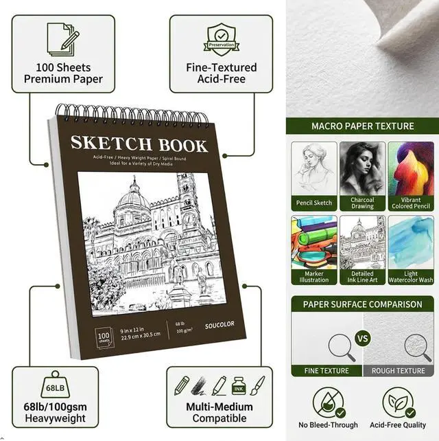 Alt view image 4 of 7 - Sketch Book 9x12, 100 Sheets Drawing Pad, Art Sketchbook for Kids | 68lb acid-free Paper,no bleed-through, clean erase, top spiral lay-flat, micro-perforated, for kids, adults, all skill levels