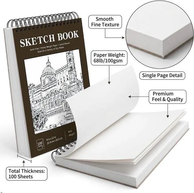 Alt view image 7 of 7 - Sketch Book 9x12, 100 Sheets Drawing Pad, Art Sketchbook for Kids | 68lb acid-free Paper,no bleed-through, clean erase, top spiral lay-flat, micro-perforated, for kids, adults, all skill levels