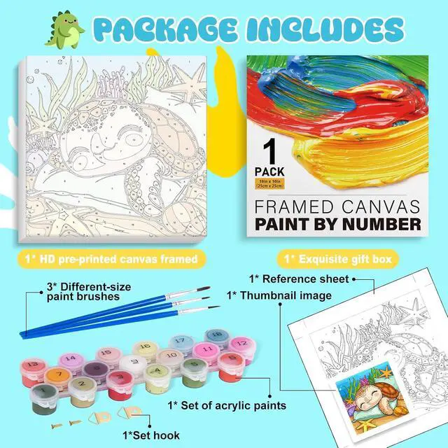 Alt view image 3 of 7 - Paint by Numbers Kit for Kids with Frame, Sea Turtle, No Easel | DIY Acrylic Art for Kids Ages 8-12, Arts & Crafts Activity, Birthday Gift, Parent-Child Activity, Wall Decor, 10" x 10"