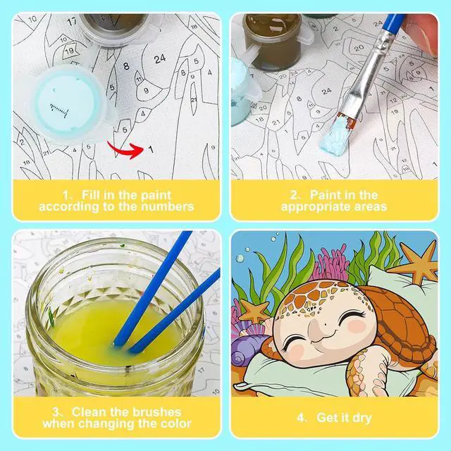 Alt view image 5 of 7 - Paint by Numbers Kit for Kids with Frame, Sea Turtle, No Easel | DIY Acrylic Art for Kids Ages 8-12, Arts & Crafts Activity, Birthday Gift, Parent-Child Activity, Wall Decor, 10" x 10"