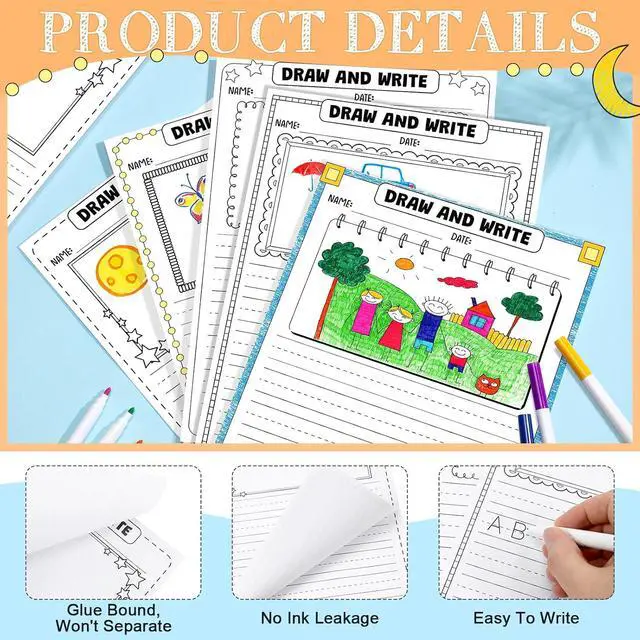 Alt view image 4 of 6 - Draw and Write Paper for Kids, 50 Sheets 8.3" x 11.7" Kindergarten Story Lined Paper with Drawing Box, Handwriting Practice Journal for Preschool Grade 1-2 Homeschool Back to School Supplies