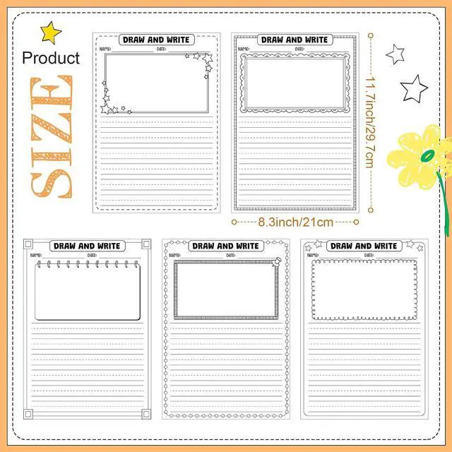 Alt view image 3 of 6 - Draw and Write Paper for Kids, 50 Sheets 8.3" x 11.7" Kindergarten Story Lined Paper with Drawing Box, Handwriting Practice Journal for Preschool Grade 1-2 Homeschool Back to School Supplies