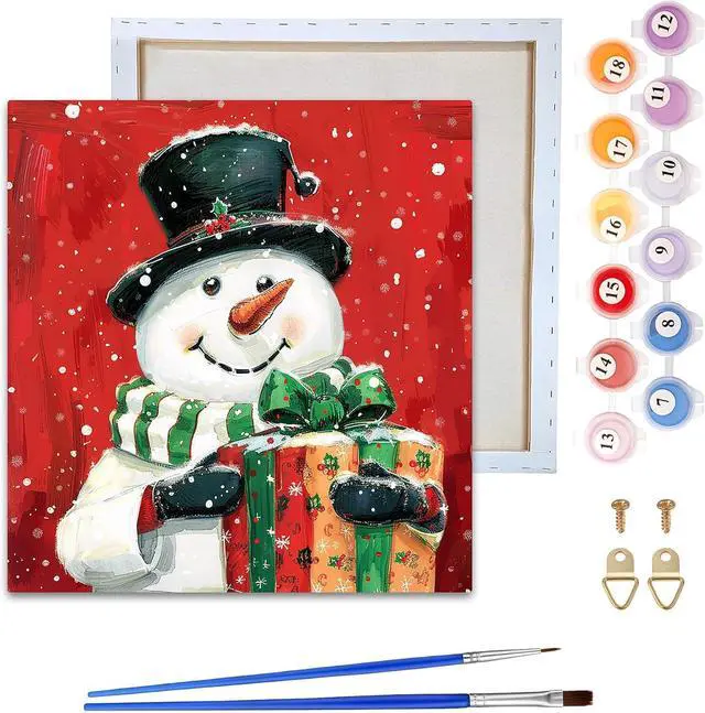 Main image of Framed Paint by Numbers Kit for Adults & Beginner - 8x8 Inch Canvas Christmas Paint by Numbers - Snowman Educational & Creative Art Set for Beginners - Perfect for Home or Wall Decoration