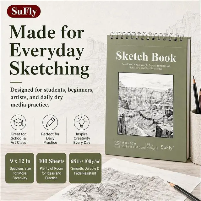 Alt view image 2 of 7 - Sketch Book 9x12, 100-Sheet Drawing Paper Pad, 68lb/100gsm, Acid-Free | Top Spiral Sketchbook, Sketch Pads for Drawing, Art Supplies for Kids & Adults, Art Class Gift for Beginners, Artists & Teens