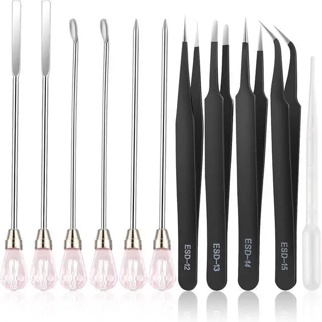 Main image of 11 Pcs Resin Spoon Tools Kit-Metal Stir Sticks Resin Spoons Poke Needle with Anti-Static Stainless Steel Precision Tweezers Set for Resin Crafts,Jewelry Making,DIY Epoxy Silicone Resin Molds(Pink)