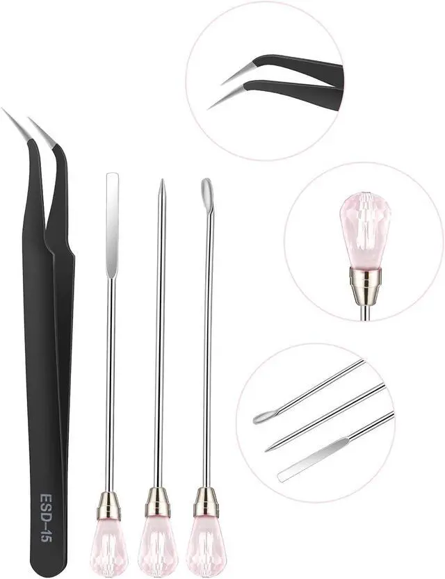 Alt view image 3 of 7 - 11 Pcs Resin Spoon Tools Kit-Metal Stir Sticks Resin Spoons Poke Needle with Anti-Static Stainless Steel Precision Tweezers Set for Resin Crafts,Jewelry Making,DIY Epoxy Silicone Resin Molds(Pink)