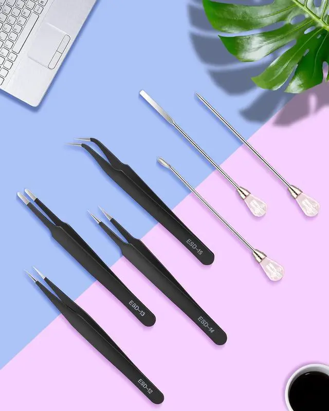 Alt view image 6 of 7 - 11 Pcs Resin Spoon Tools Kit-Metal Stir Sticks Resin Spoons Poke Needle with Anti-Static Stainless Steel Precision Tweezers Set for Resin Crafts,Jewelry Making,DIY Epoxy Silicone Resin Molds(Pink)