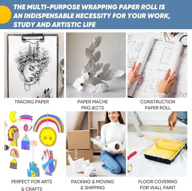 Alt view image 4 of 7 - White Wrapping Paper Craft Kraft Paper Roll 15" x 450",Bulletin Board Paper | Gift Wrapping Bouquet Packing Painting Drawing Paint Easel Poster Chart Decorative Paper, Kids Art Supplies, Arts & Crafts
