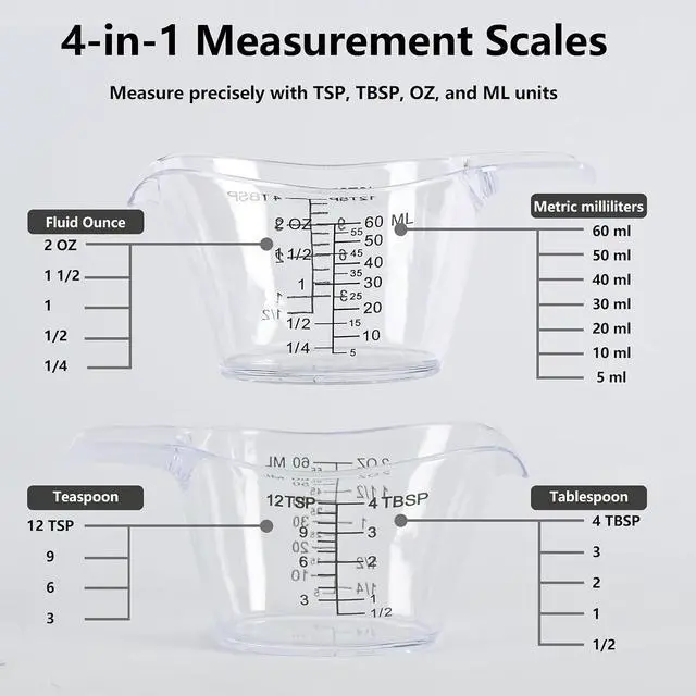 Alt view image 4 of 6 - 3 Pack 2 Ounce Measuring Cups, Food-Grade Plastic Small Measuring Cup for Hair Color, Hot Tub Chemicals & DIY Mixing, Mini Ounce Measure Cup with Easy-Read Markings