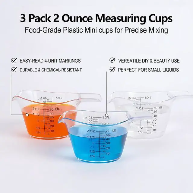 Alt view image 3 of 6 - 3 Pack 2 Ounce Measuring Cups, Food-Grade Plastic Small Measuring Cup for Hair Color, Hot Tub Chemicals & DIY Mixing, Mini Ounce Measure Cup with Easy-Read Markings