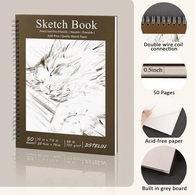 Alt view image 3 of 6 - 2 Pack 50 Sheets Spiral Bound Art Sketchbook, 10 x 7.5 Inch 100GSM Acid-Free Drawing Paper, Sketch Books with Cardboard Backing for Artists and Students