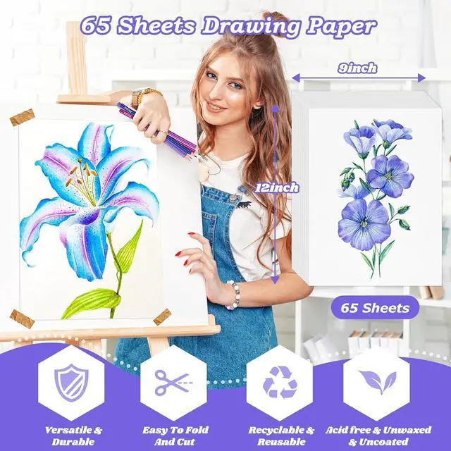 Alt view image 2 of 7 - Drawing Paper, 9"x12" Craft Art Paper, 65 Sheets Loose Drawing Paper Bulk | 68lb/100gsm Artist Sketching Easel Poster Paper Bulk,Art Supplies for Kids Adults,Arts & Crafts, White Construction Coloring