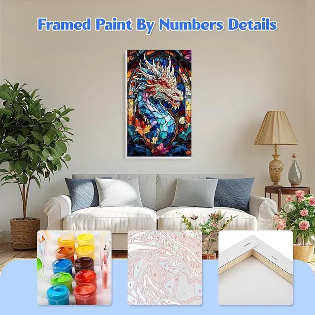Alt view image 2 of 7 - Dragon Paint by Numbers Kits with Frame for Adults Beginners, DIY Animals Paint by Numbers for Kids, Painting Art on Canvas Gifts Home Wall Decor 20x30cm