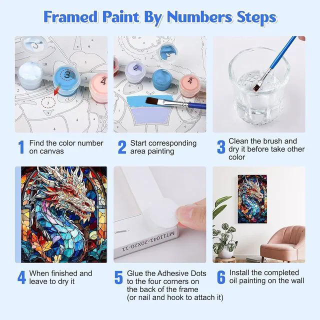 Alt view image 5 of 7 - Dragon Paint by Numbers Kits with Frame for Adults Beginners, DIY Animals Paint by Numbers for Kids, Painting Art on Canvas Gifts Home Wall Decor 20x30cm