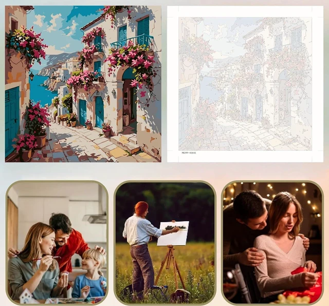 Alt view image 6 of 7 - Flowers Scenery Town Paint by Numbers for Adults Beginner, Paint by Number Kits on Canvas, Paint by Easy Acrylic Painting Home Wall Decor 15.7x15.7 inch
