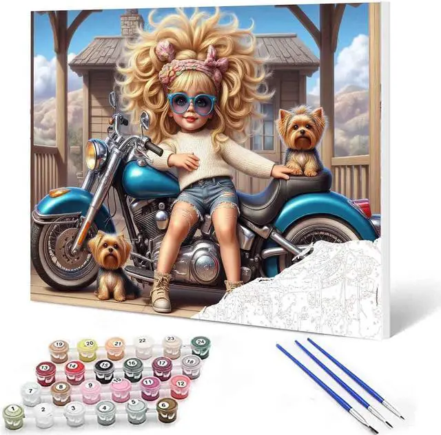 Main image of Fashion Girl Paint by Numbers Kits for Adults Girl and Yorkshire Terrier on Motorcycle Paint by Number Colorful DIY Acrylic Painting Canvas Art Set Home Decor Gift 16x20 Inch (Without Frame)