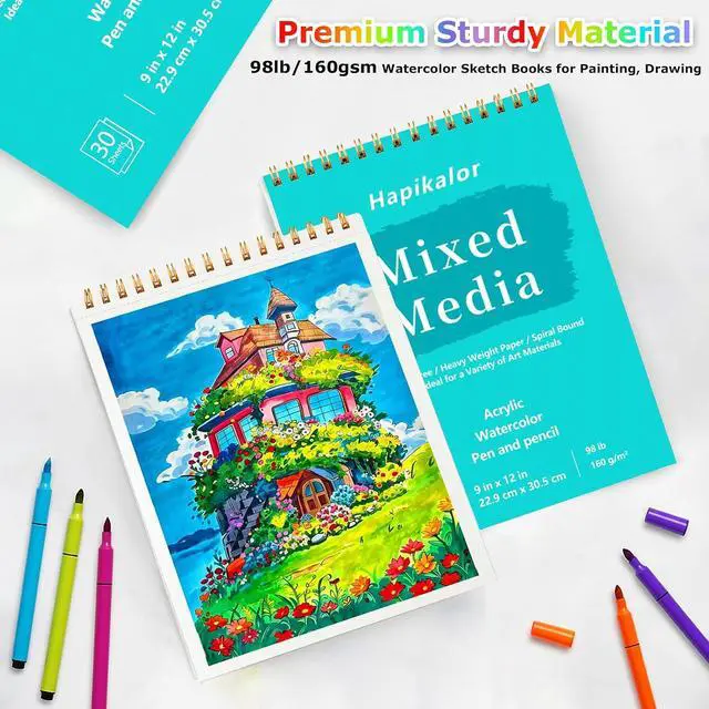 Alt view image 3 of 7 - Mixed Media Sketchbook 9"x12" Multimedia Sketchbook, 30 Sheets Sketch Book | Top Spiral Bound Sketch Book, 98lb/160gsm Mixed Media Paper, Watercolor Paper Sketch Pads for Drawing, Painting, Art Suppli