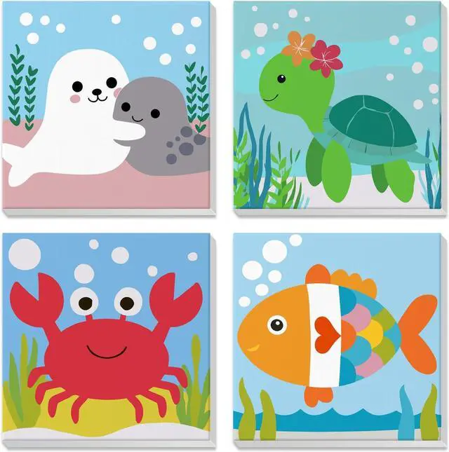 Main image of 4 Pack Paint by Number for Kids with Wooden Frame, Cute Seal, Turtle, Fun Crab, Fish Paint by Numbers for Kids Ages 8-12, Cartoon, DIY Acrylic Oil Painting for Beginners for Home Wall Decor 8X8 inch