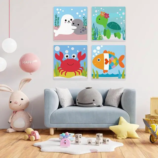 Alt view image 2 of 7 - 4 Pack Paint by Number for Kids with Wooden Frame, Cute Seal, Turtle, Fun Crab, Fish Paint by Numbers for Kids Ages 8-12, Cartoon, DIY Acrylic Oil Painting for Beginners for Home Wall Decor 8X8 inch