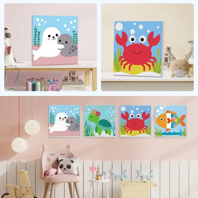 Alt view image 3 of 7 - 4 Pack Paint by Number for Kids with Wooden Frame, Cute Seal, Turtle, Fun Crab, Fish Paint by Numbers for Kids Ages 8-12, Cartoon, DIY Acrylic Oil Painting for Beginners for Home Wall Decor 8X8 inch