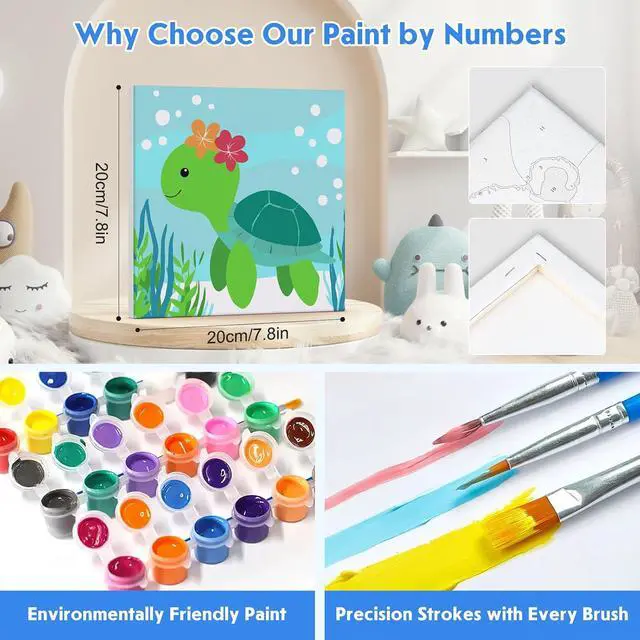 Alt view image 4 of 7 - 4 Pack Paint by Number for Kids with Wooden Frame, Cute Seal, Turtle, Fun Crab, Fish Paint by Numbers for Kids Ages 8-12, Cartoon, DIY Acrylic Oil Painting for Beginners for Home Wall Decor 8X8 inch