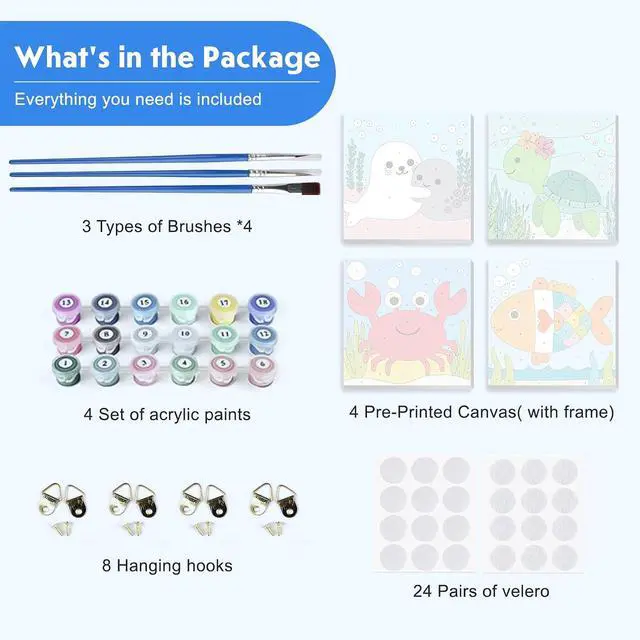 Alt view image 5 of 7 - 4 Pack Paint by Number for Kids with Wooden Frame, Cute Seal, Turtle, Fun Crab, Fish Paint by Numbers for Kids Ages 8-12, Cartoon, DIY Acrylic Oil Painting for Beginners for Home Wall Decor 8X8 inch