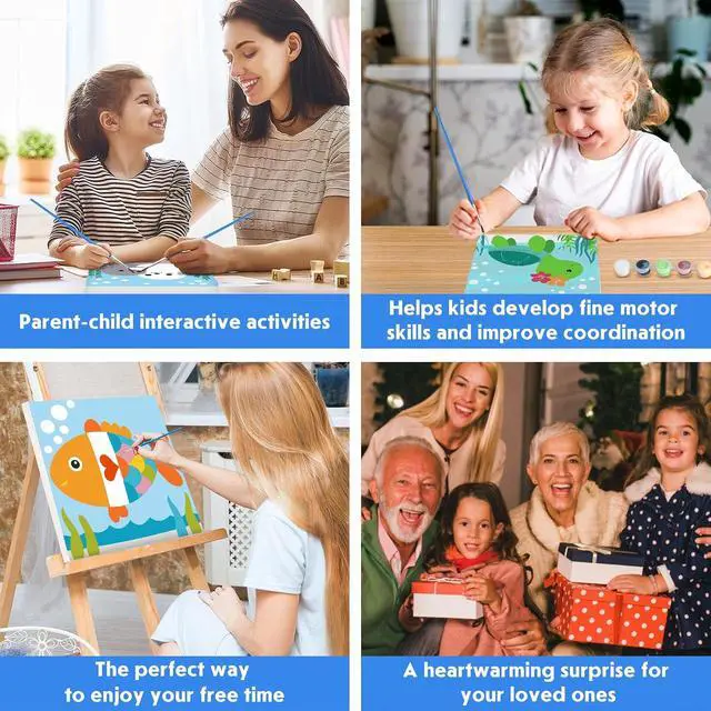 Alt view image 6 of 7 - 4 Pack Paint by Number for Kids with Wooden Frame, Cute Seal, Turtle, Fun Crab, Fish Paint by Numbers for Kids Ages 8-12, Cartoon, DIY Acrylic Oil Painting for Beginners for Home Wall Decor 8X8 inch