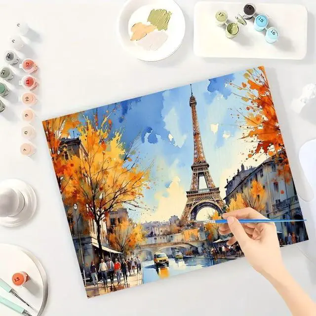 Alt view image 3 of 7 - Autumn in Paris Paint by Numbers Kit for Adults - DIY Eiffel Tower with Fall Trees and Street Scene Painting on Canvas, Acrylic Paint Set for Beginners, Home Decoration Art or Gifts(8X12IN Framed)