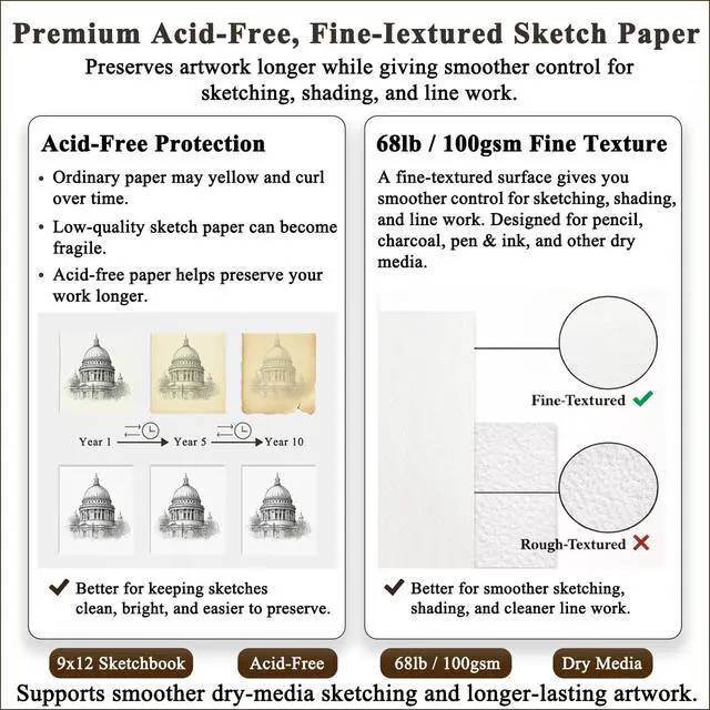 Alt view image 2 of 7 - 9" x 12" Sketch Book_Top Spiral Bound Sketchbook_100Sheets 68lb/100gsm | Art Sketch Pads for Drawing, Acid-Free Drawing Paper Pad for Kids, Students, Artists & Beginners, Art Supplies for Adults