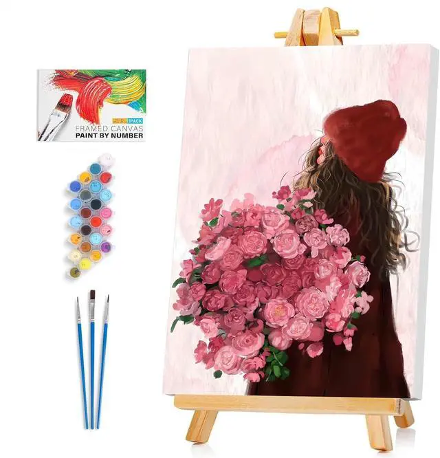 Main image of Framed Paint by Numbers Kit for Adults Beginner & Kids Ages 8-12, Girl Flowers Paint by Numbers with frame, without Easel, DIY Acrylic Number Painting for Adults for Home Decor Gift 8 x 12 Inch