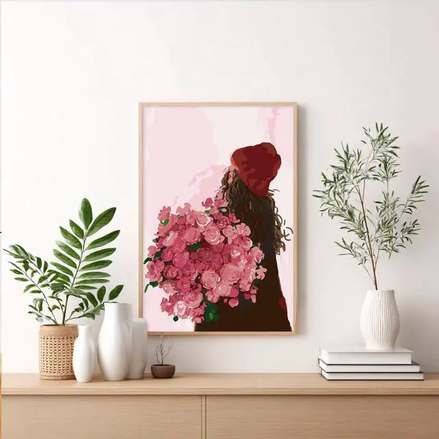 Alt view image 2 of 7 - Framed Paint by Numbers Kit for Adults Beginner & Kids Ages 8-12, Girl Flowers Paint by Numbers with frame, without Easel, DIY Acrylic Number Painting for Adults for Home Decor Gift 8 x 12 Inch