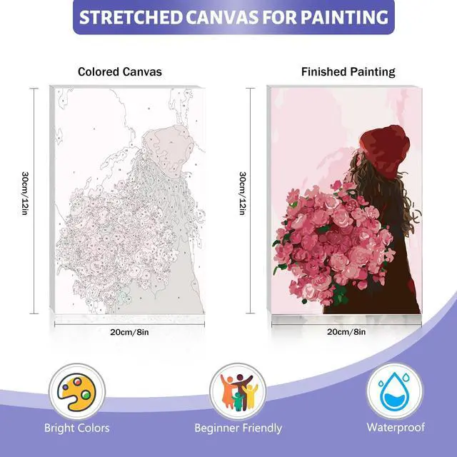 Alt view image 4 of 7 - Framed Paint by Numbers Kit for Adults Beginner & Kids Ages 8-12, Girl Flowers Paint by Numbers with frame, without Easel, DIY Acrylic Number Painting for Adults for Home Decor Gift 8 x 12 Inch