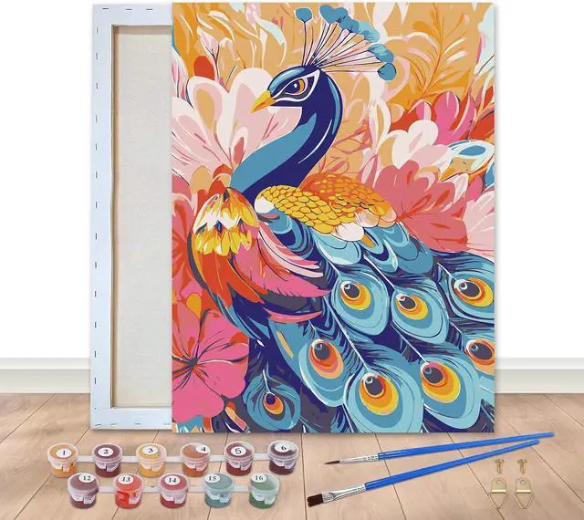 Main image of Framed Paint by Numbers Kit for Adults Peacock, DIY Oil Painting on Canvas with Frame, Animals Paint by Numbers Set for Home Wall Decor 8x12 Inch/20x30 cm