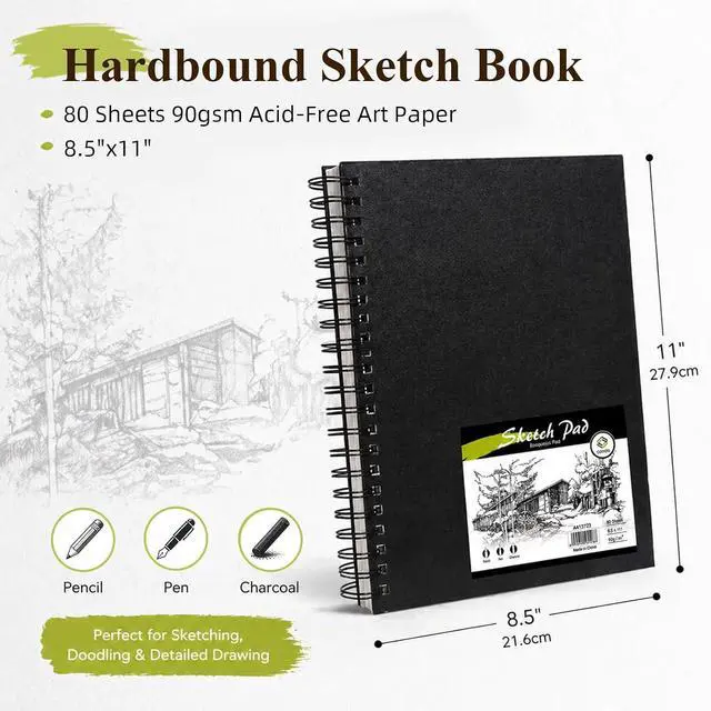 Alt view image 2 of 7 - Conda 8.5"x11" Hardbound Sketch Book, 80-Sheets 90gsm Double-Sided Hardcover Sketchbook, Spiral Sketch Pad, Durable Acid Free Drawing Art Paper for Adults