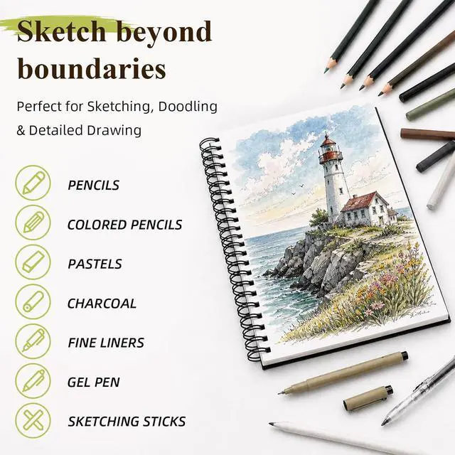 Alt view image 3 of 7 - Conda 8.5"x11" Hardbound Sketch Book, 80-Sheets 90gsm Double-Sided Hardcover Sketchbook, Spiral Sketch Pad, Durable Acid Free Drawing Art Paper for Adults