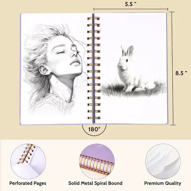 Alt view image 7 of 7 - Small Sketch Book 5.5"x8.5",Mini Sketchbook,Spiral Bound,100 Sheets | Purple,68 lb/100gsm Hardcover Sketch Pad for Kids,Art Sketchbook Drawing Pad Book with Pencil,For Kids, Beginners,Artists