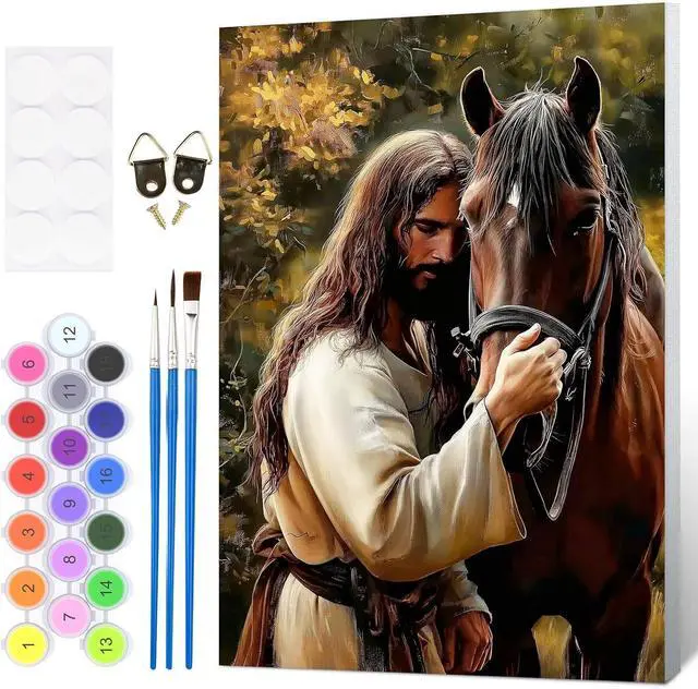 Main image of Framed Paint by Numbers Kit Jesus for Adults, Horse Paint by Numbers for Adults Beginner, Adult Paint by Number Kits on Canvas, DIY Painting by Numbers for Gift Home Wall Decor 8 x 12In
