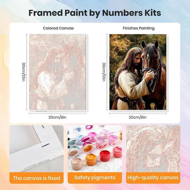 Alt view image 2 of 7 - Framed Paint by Numbers Kit Jesus for Adults, Horse Paint by Numbers for Adults Beginner, Adult Paint by Number Kits on Canvas, DIY Painting by Numbers for Gift Home Wall Decor 8 x 12In