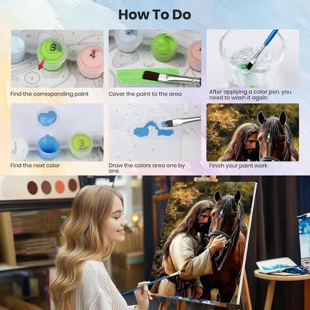 Alt view image 5 of 7 - Framed Paint by Numbers Kit Jesus for Adults, Horse Paint by Numbers for Adults Beginner, Adult Paint by Number Kits on Canvas, DIY Painting by Numbers for Gift Home Wall Decor 8 x 12In