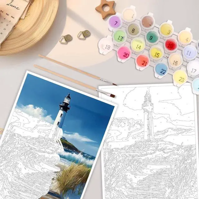 Alt view image 3 of 7 - Paint by Numbers Kit for Adults 16 x 20 Inch Lighthouse on the Beach DIY Paint by Number with Brushes and Acrylic Colors Adult Painting Kits for Beginners Relaxing Color by Number Wall Art Decoratio