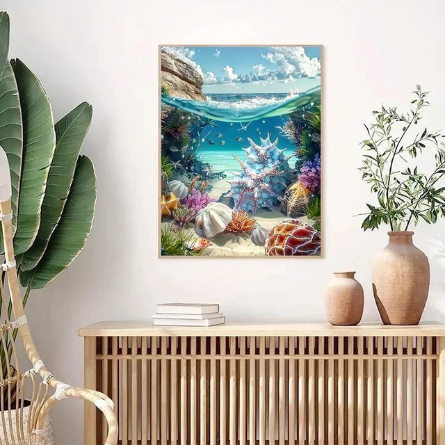Alt view image 2 of 7 - 5D Diamond Art Kits for Adults Shell, Full Drill DIY Rhinestone Embroidery Set Paint with Diamonds Art Shell on The Beach by Number Kits Cross Stitch Home Wall Craft Decoration 12x16 Inch