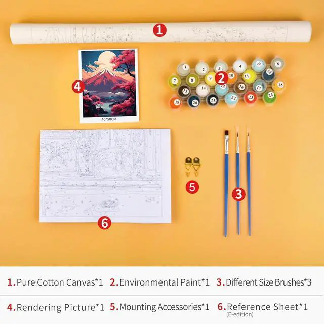 Alt view image 3 of 7 - Beautiful Mount Fuji Paint by Numbers Craft Kit for Adults | Mountain Art on 16x20 Inch Unframed Canvas with Acrylic Paints and 3 Brushes Relaxing DIY Craft and Wall Decor