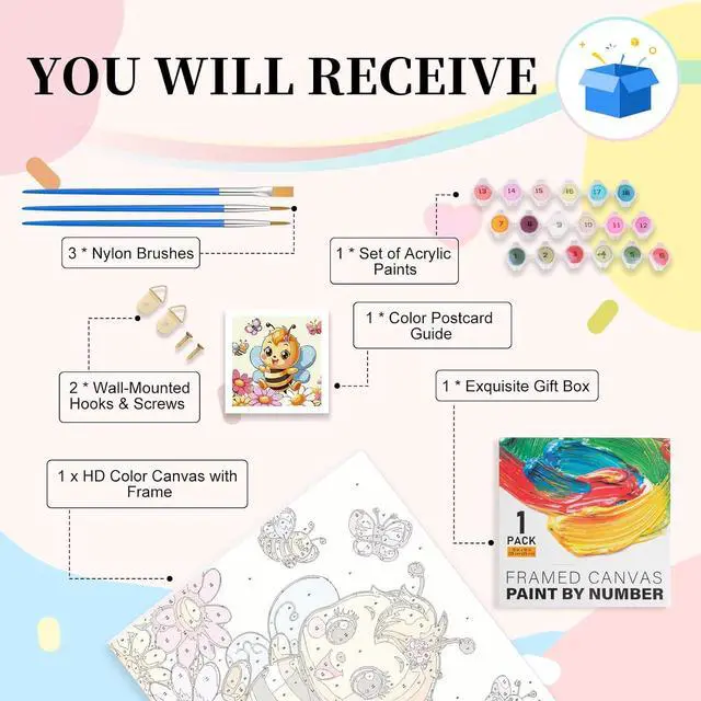 Alt view image 4 of 7 - Framed Paint by Numbers Kit for Kids Ages 4-12, Bee Theme, 10x10 Inch | DIY Acrylic Painting Set with Frame for Beginners, Complete Art Kit with Canvas, Brushes & Paints, Home Decor Gift