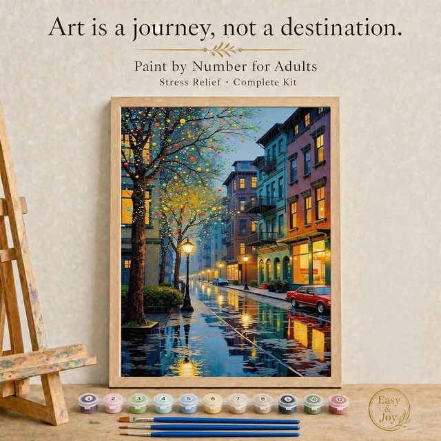 Alt view image 2 of 7 - Paint by Number Kit for Adults Beginners - 16x20 Inch DIY Street Landscape Paint by Numbers, Oil Painting Kit for Home Wall Decor, Stress Relief with Acrylic Paint Set and 3 Brushes