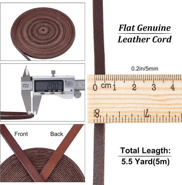 Alt view image 2 of 7 - 5.5Yds 5mm Flat Genuine Leather Cord String 2mm Thick Natural Leather Craft Lace Strips Full Grain Cowhide Braiding Cord Roll for Jewelry Making DIY Braided Bracelets Keychains(Dark Brown)