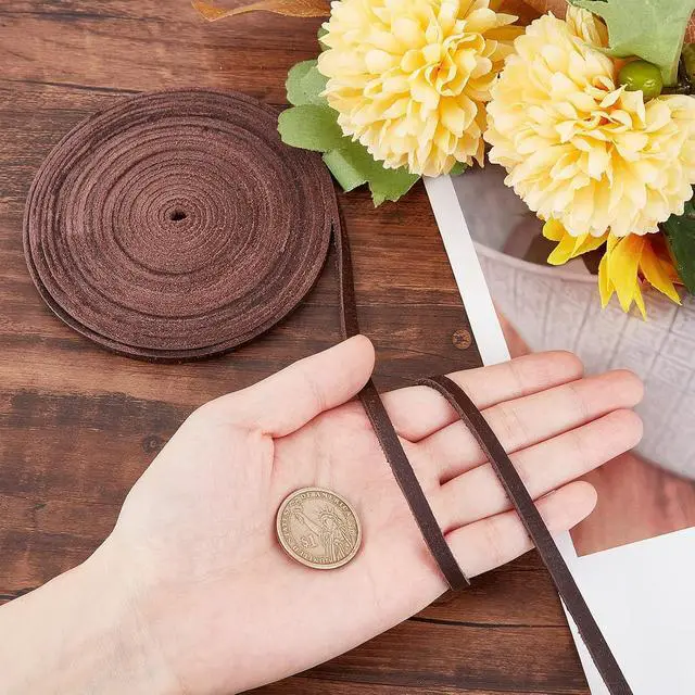 Alt view image 3 of 7 - 5.5Yds 5mm Flat Genuine Leather Cord String 2mm Thick Natural Leather Craft Lace Strips Full Grain Cowhide Braiding Cord Roll for Jewelry Making DIY Braided Bracelets Keychains(Dark Brown)