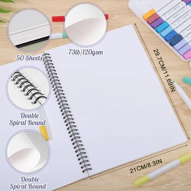 Alt view image 2 of 7 - A4 Marker Paper Pad, 50 Sheets, 8.3 × 11.7 in, Spiral Bound | 120gsm Acid-Free Bleed-Resistant Paper, Tear-Off Pages, Lays Flat, for Alcohol Markers, Pens, And Sketching