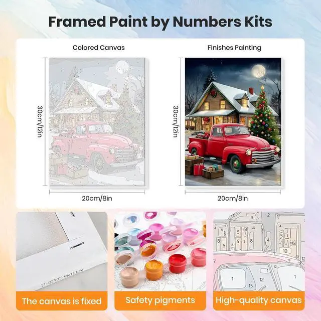 Alt view image 2 of 7 - Christmas Framed Paint by Numbers Kit for Adults, Red Truck Adults' Paint-By-Number Kits on Canvas, Snow Scene Painting by Numbers, DIY Acrylic Number Painting for Gift Home Wall Decor 8x12 In